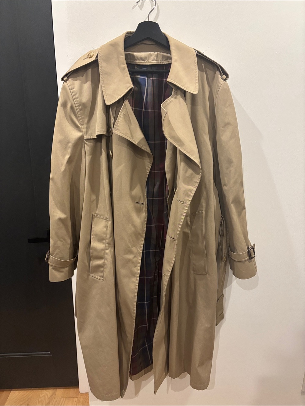 Men's Tan Trench Coat with Classic Plaid Lining from Jones New York